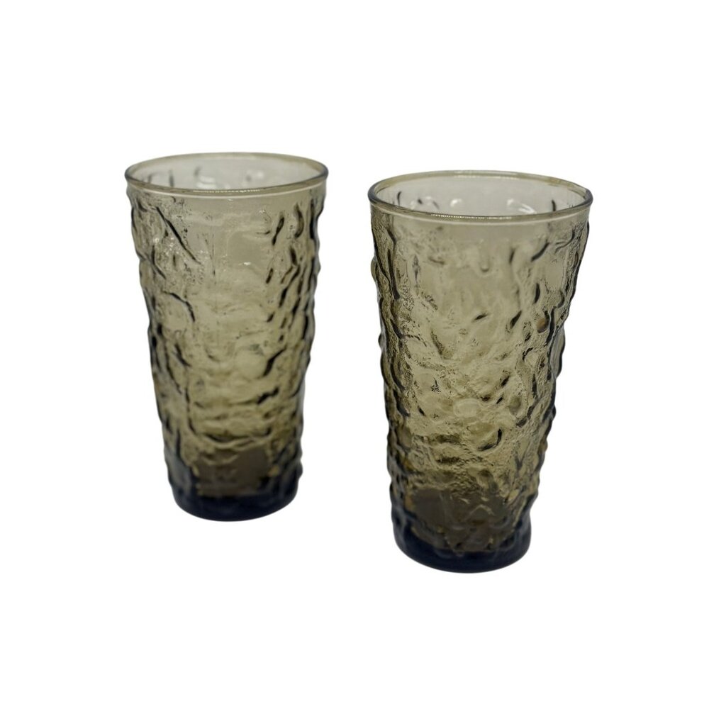 VTG Anchor Hocking 5.5" Lido-Milano Smoke Glass Tumblers Set 2 Crinkle Textured